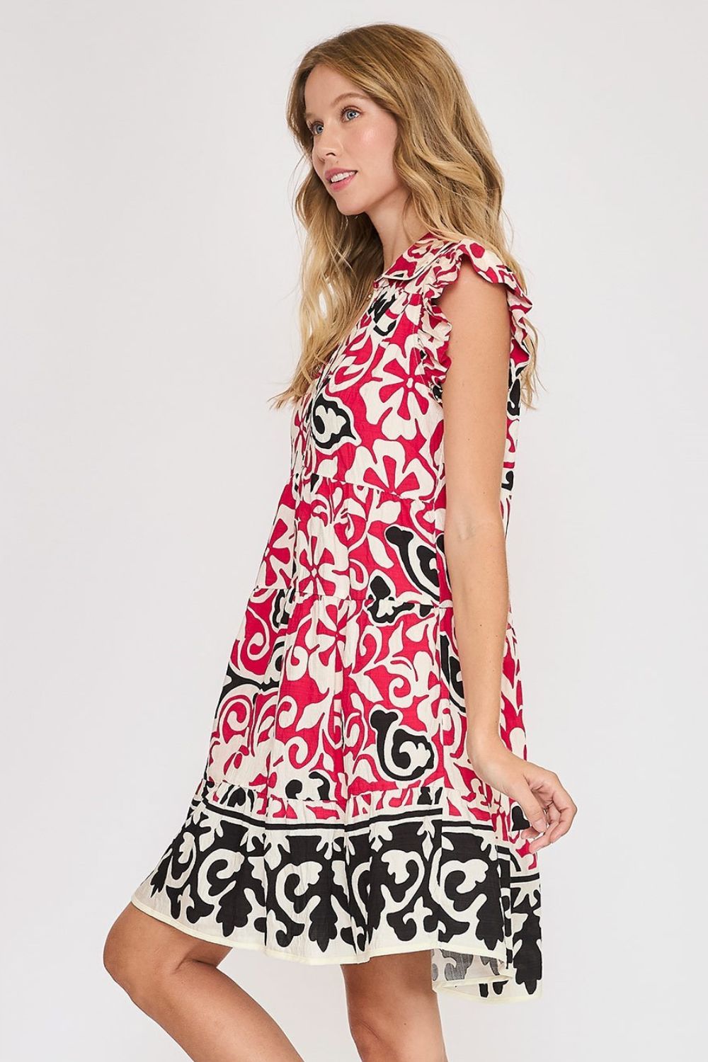 Umgee Floral Ruffled Cap Sleeve Tiered Dress.