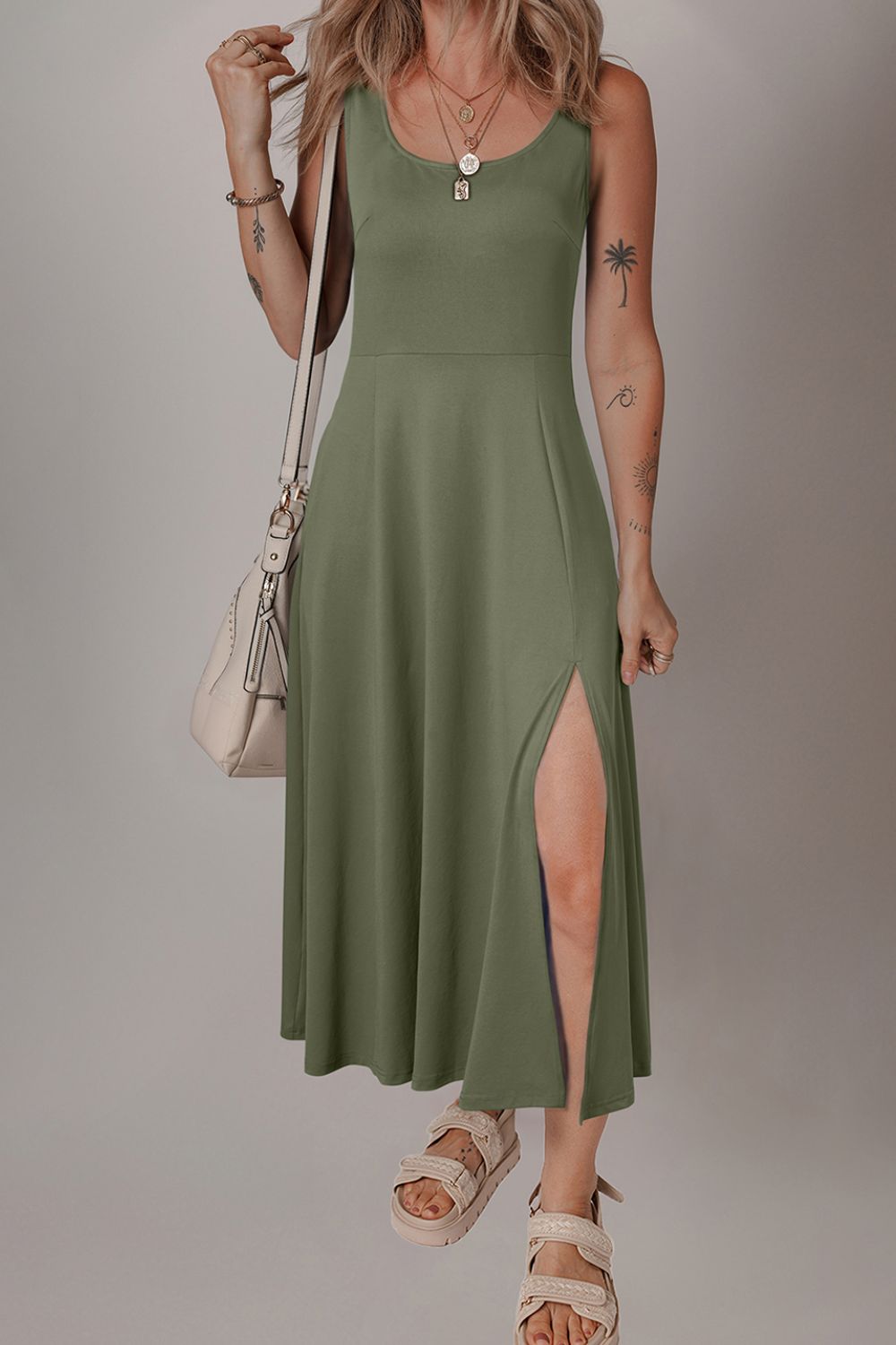 Side Slit Scoop Neck Wide Strap Dress.