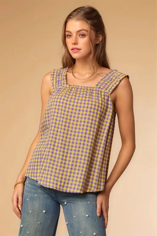 Davi & Dani Printed Square Neck Shirred Straps Top.