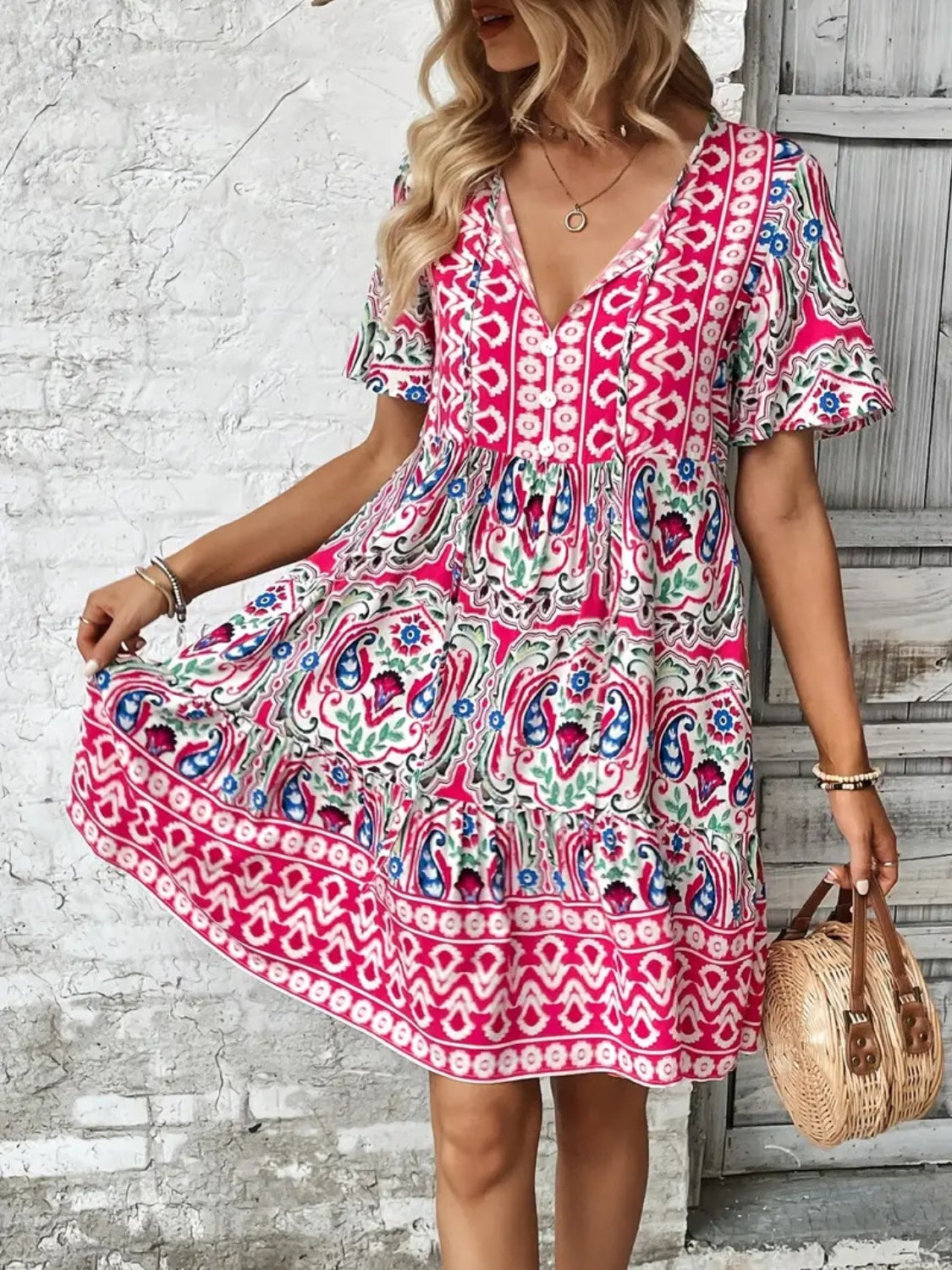 Printed Tie Neck Short Sleeve Dress.