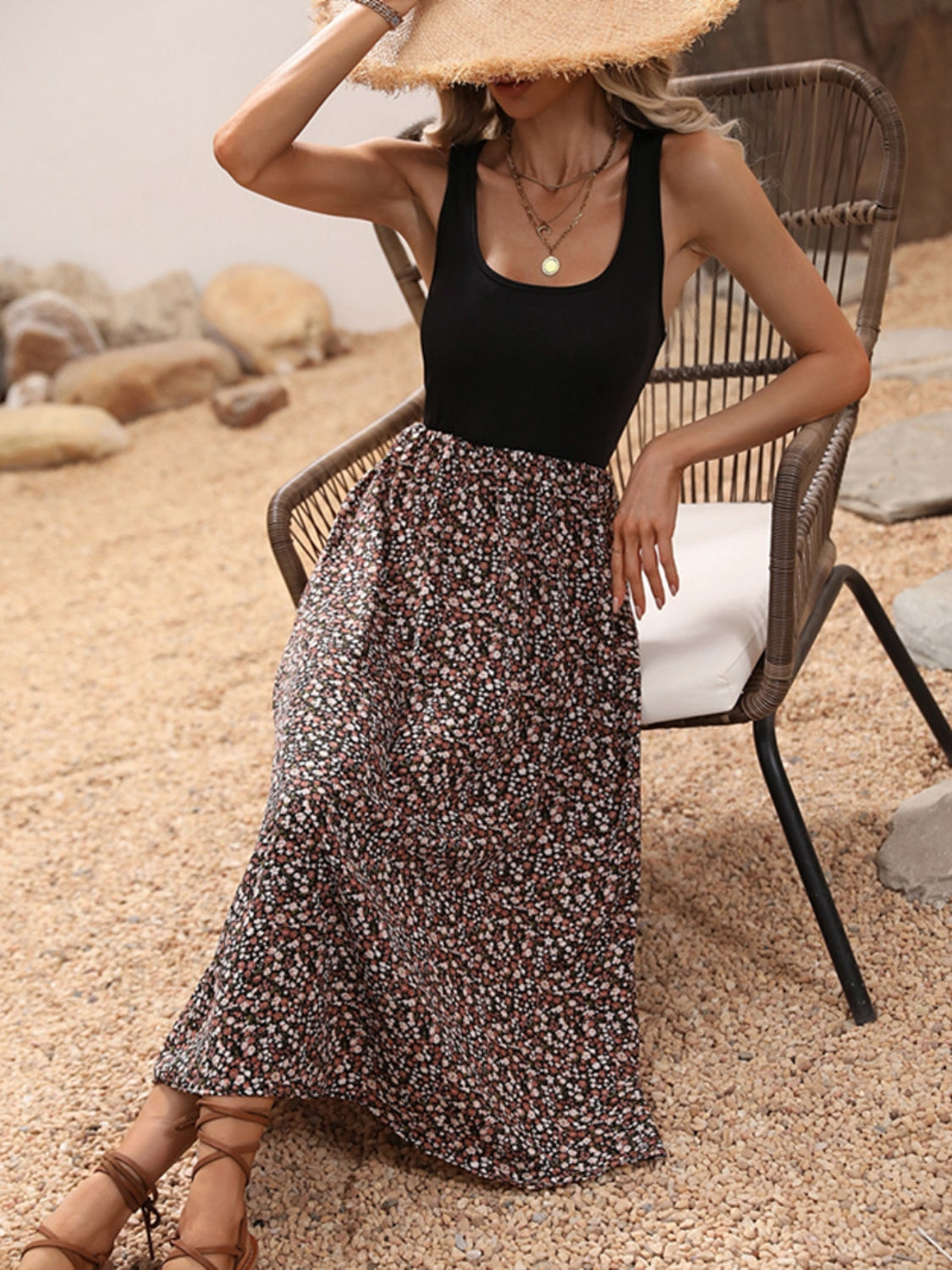 Scoop Neck Wide Strap Printed Dress.