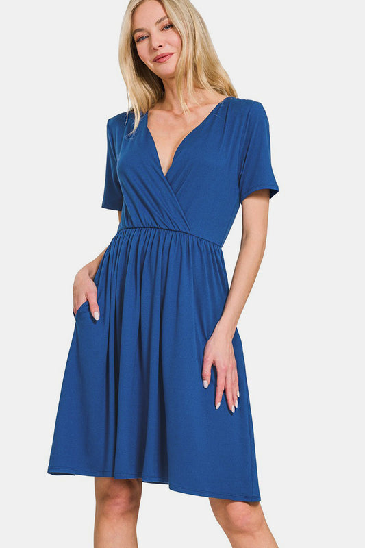 Zenana Surplice Short Sleeve Brushed DTY Dress.