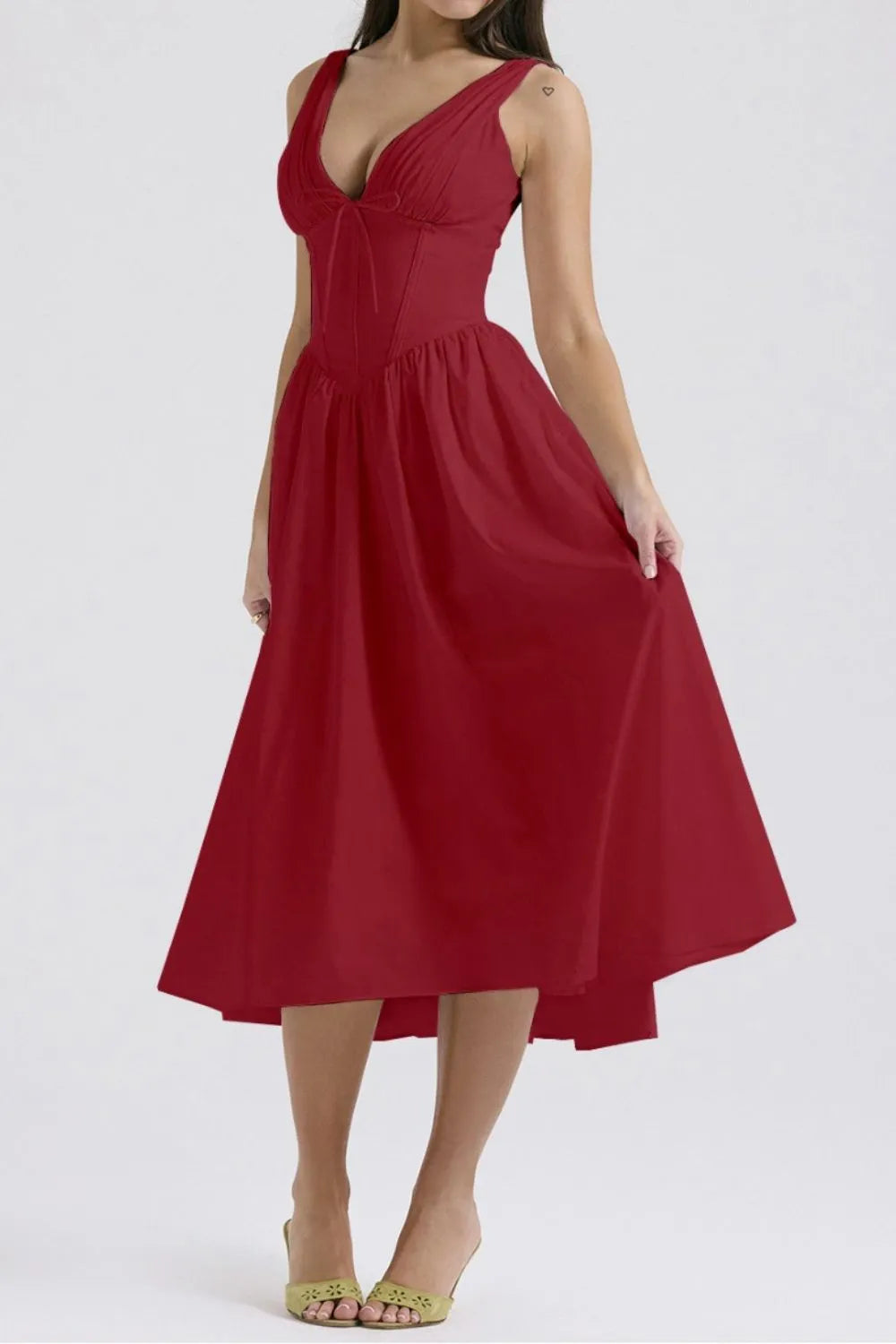Ruched V-Neck Dress with Pockets.