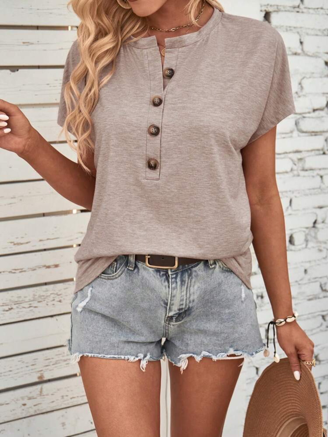 Stylish Half Button Short Sleeve Top.
