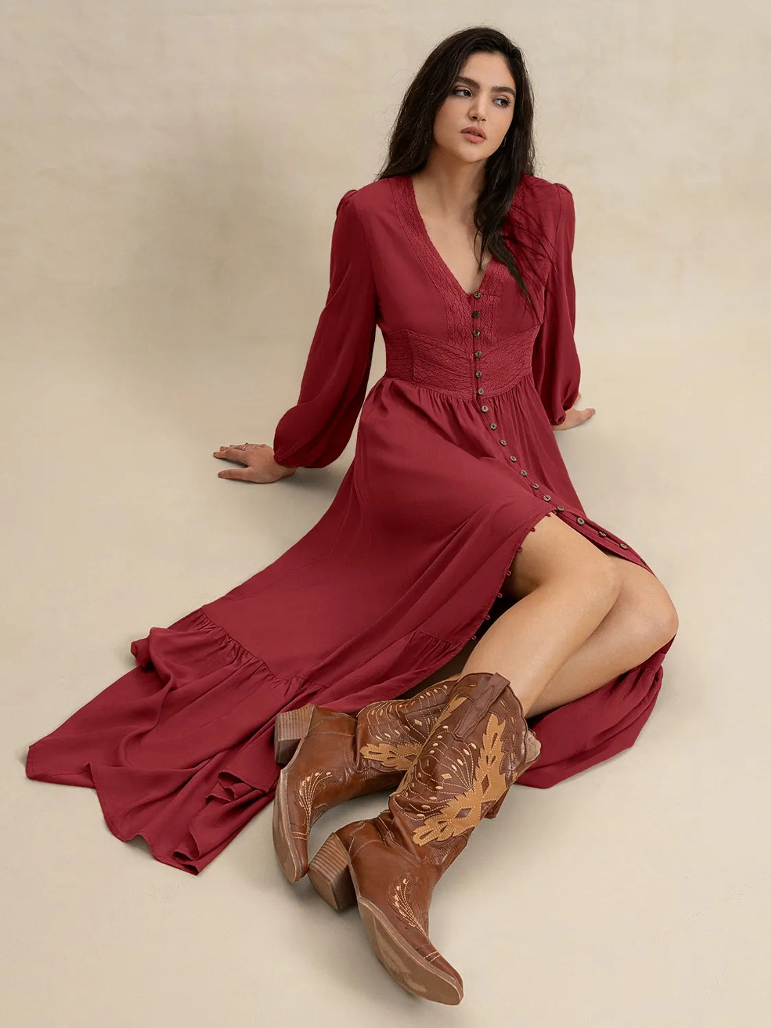 V-Neck Balloon Sleeve Ruffled Hem Maxi Dress.