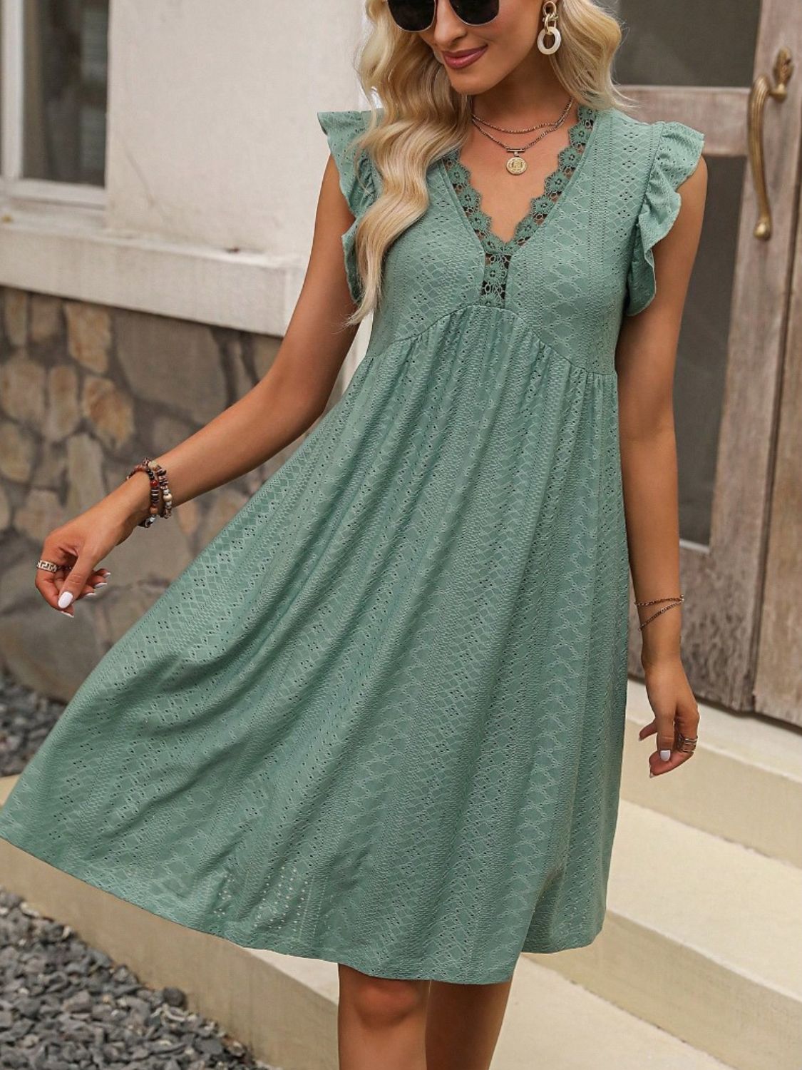 Ethereal Lace Detail Ruffled Eyelet Mini Dress - Romantic Elegance.