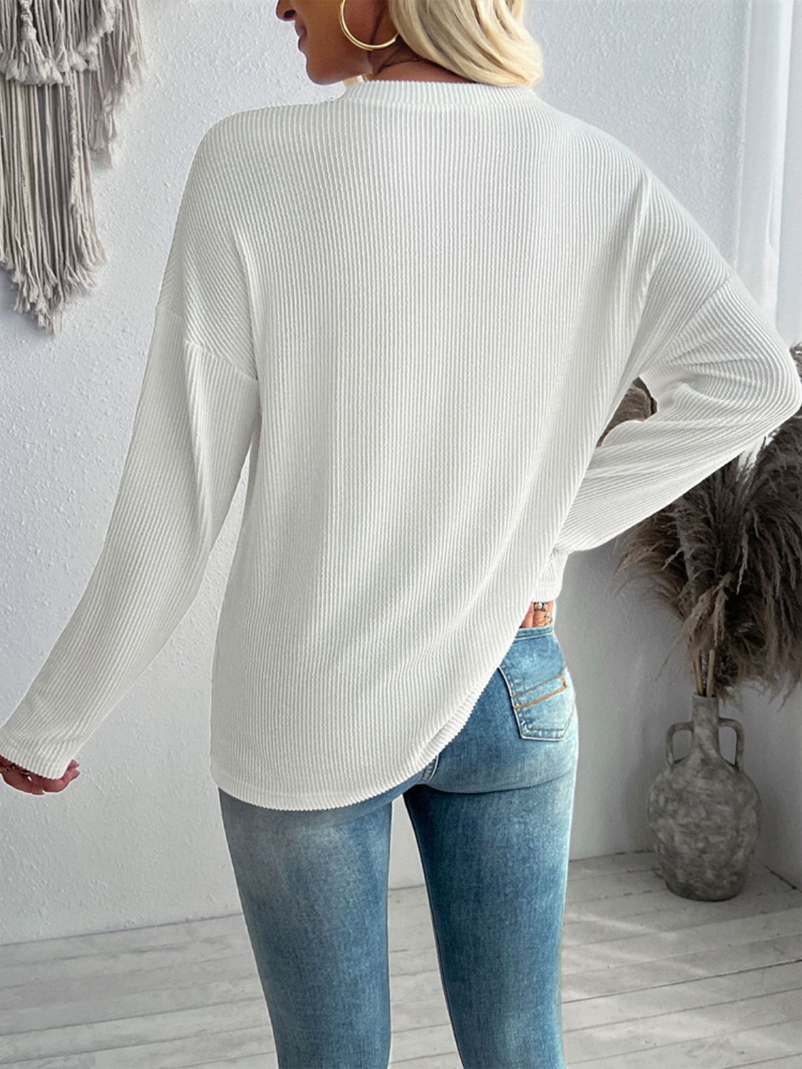 Double Take Pocketed Textured V-Neck Long Sleeve T-Shirt.