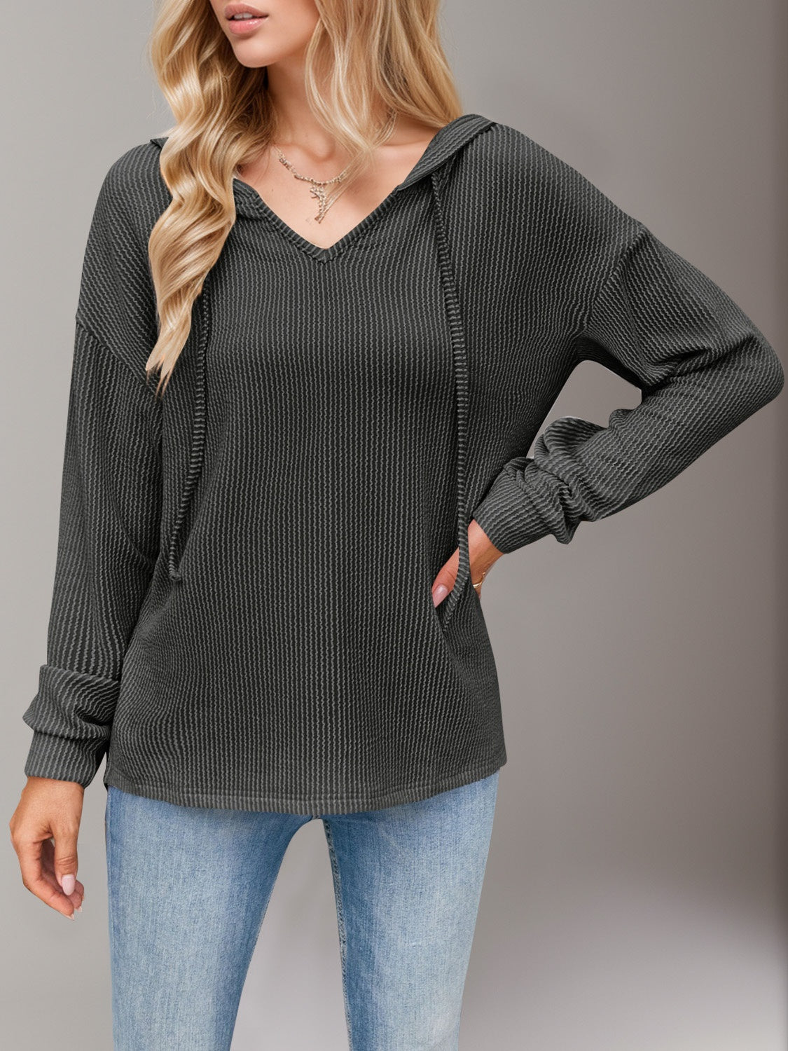 Double Take Drawstring Dropped Shoulder Long Sleeve Hoodie.