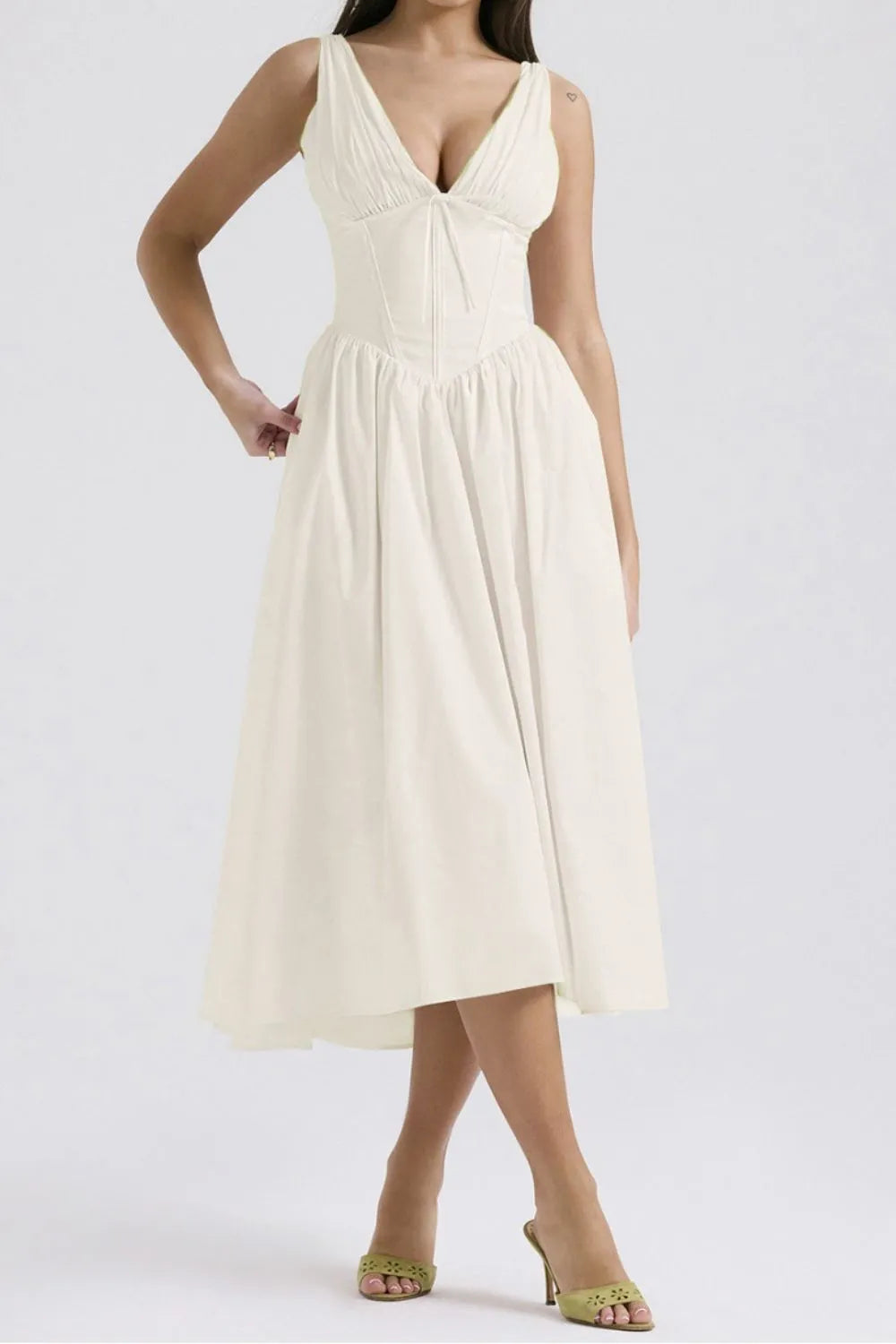 Ruched V-Neck Dress with Pockets.