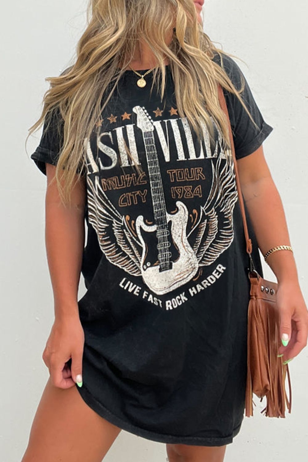 Music City Graphic Round Neck Short Sleeve Tee Dress - Nashville Style.