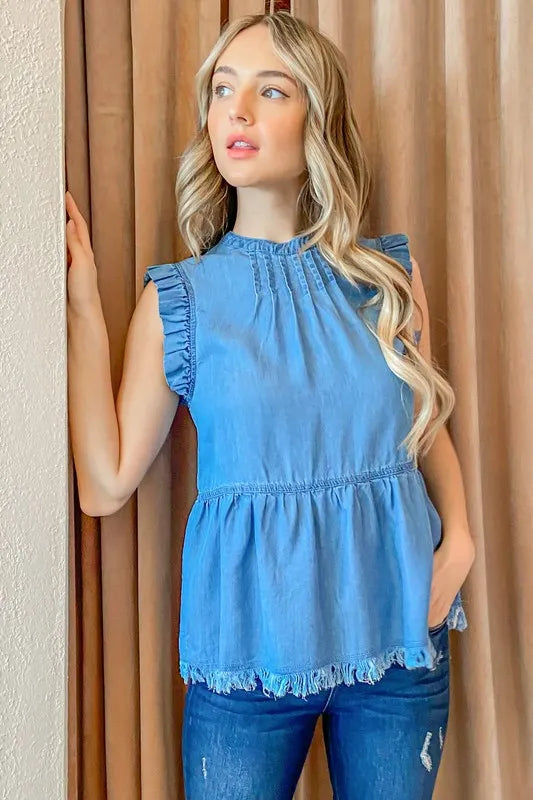 And The Why Chambray Ruffle Sleeveless Top.