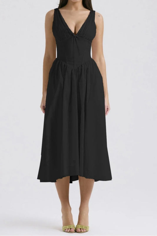 Ruched V-Neck Dress with Pockets.