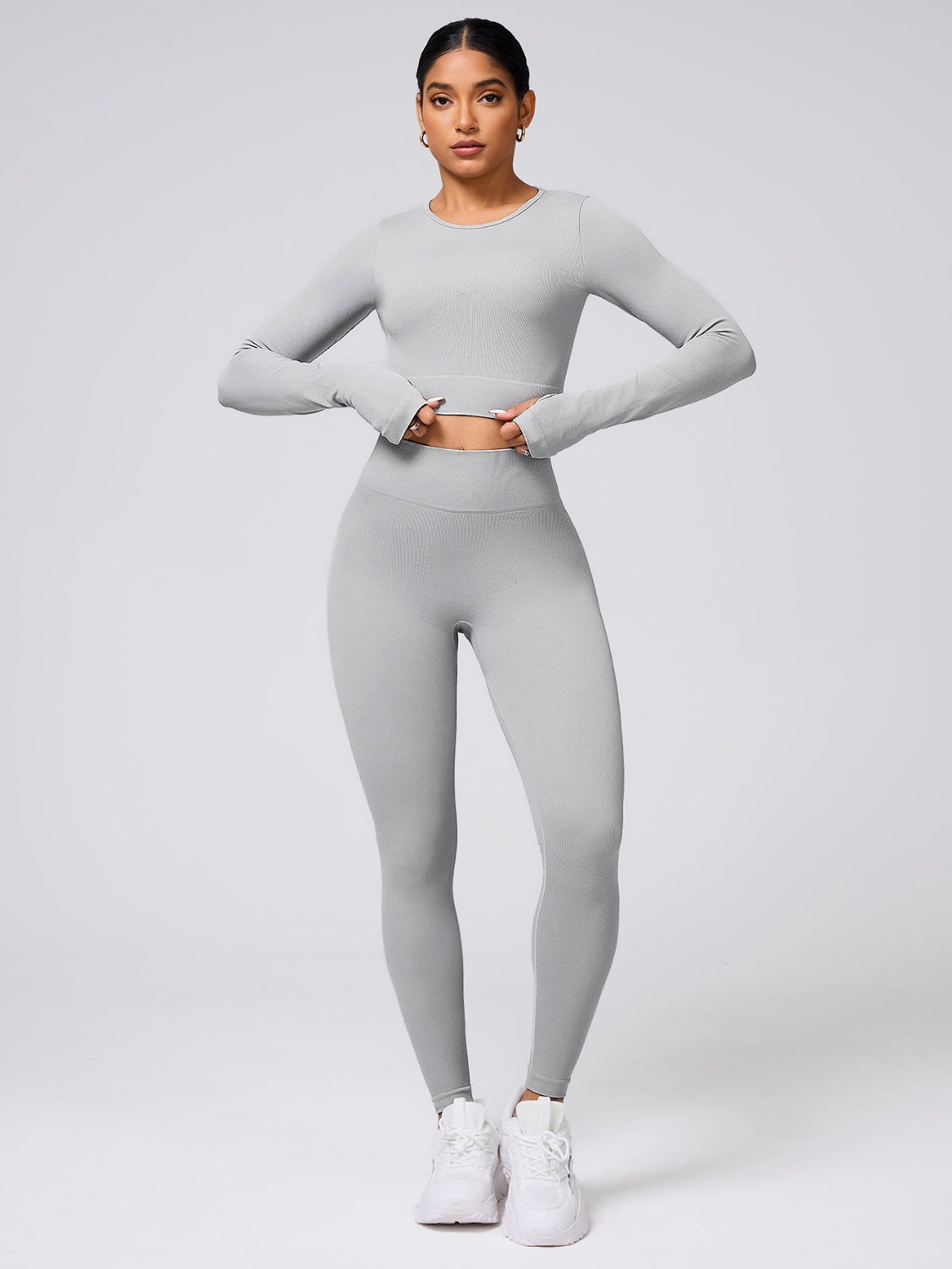 Back Crisscross Round Neck Long Sleeve Top and Leggings Active Set.