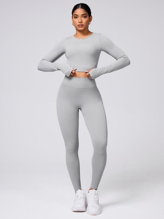 Back Crisscross Round Neck Long Sleeve Top and Leggings Active Set.