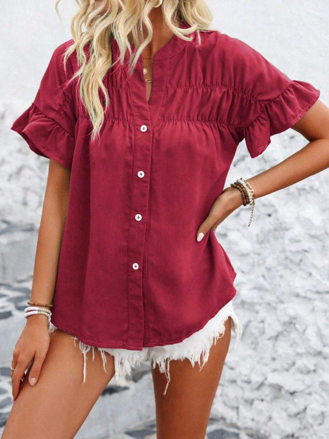Elegant Button Down Ruffled Short Sleeve Shirt - Versatile Fashion Essential.
