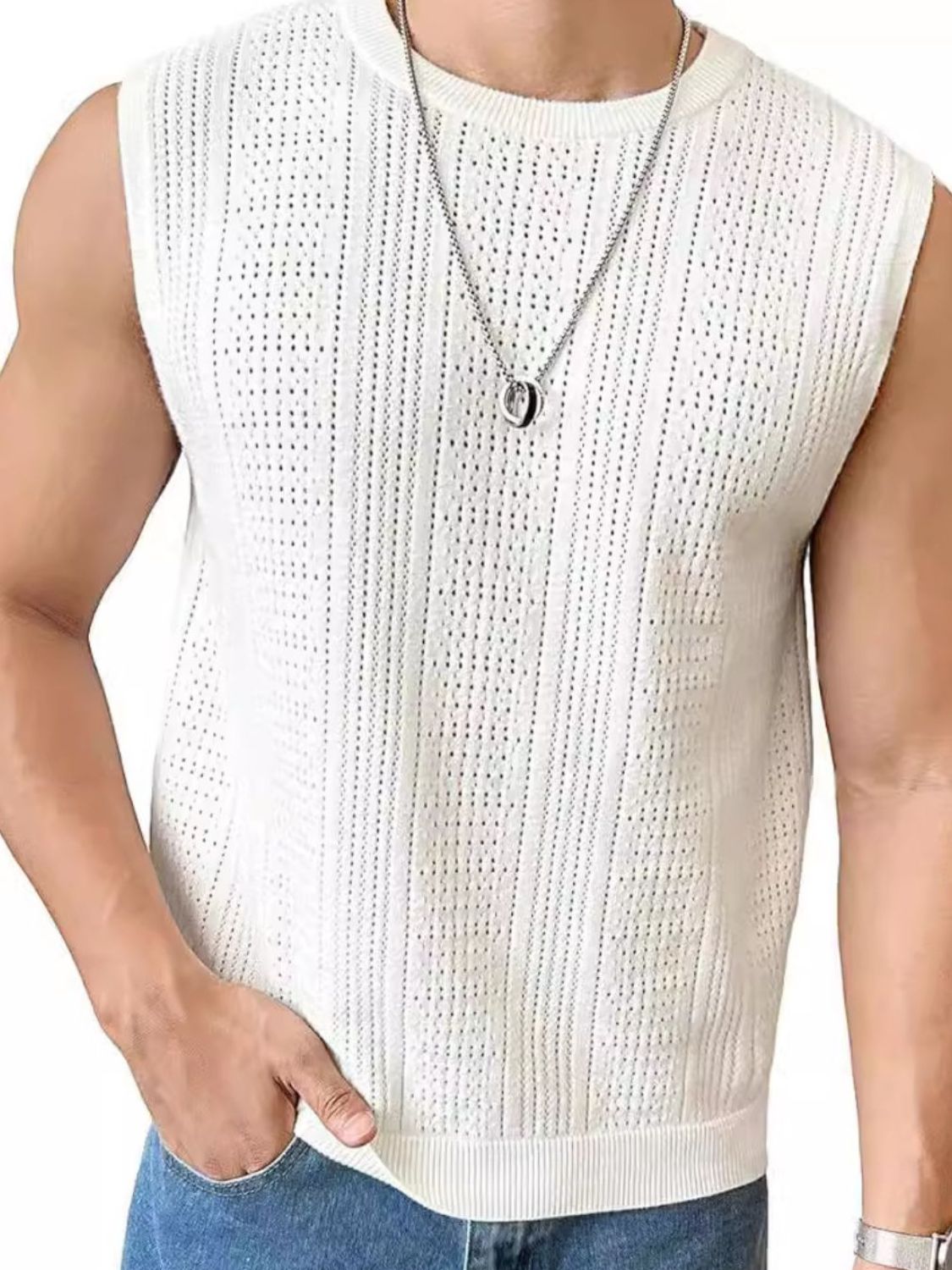 Men's Full Size Eyelet Round Neck Tank Top - Plus Size.