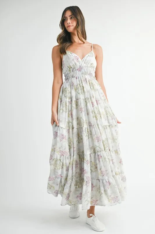 MABLE Floral Print Tiered Cami Maxi Dress.