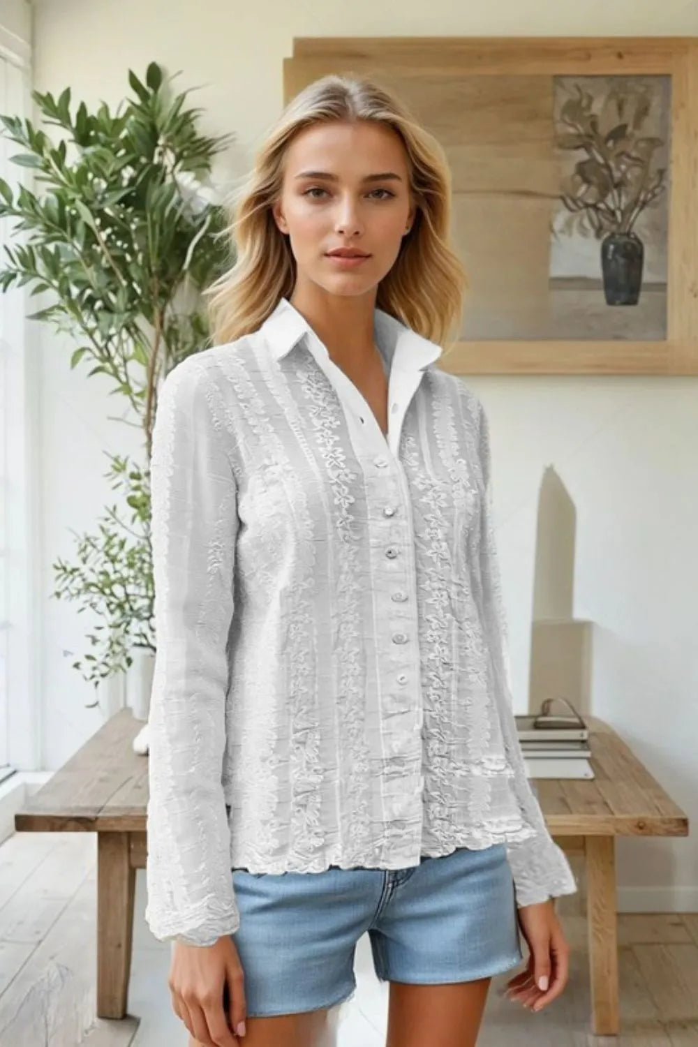 ADORA Embroidered Long Sleeve Button Down Shirt.