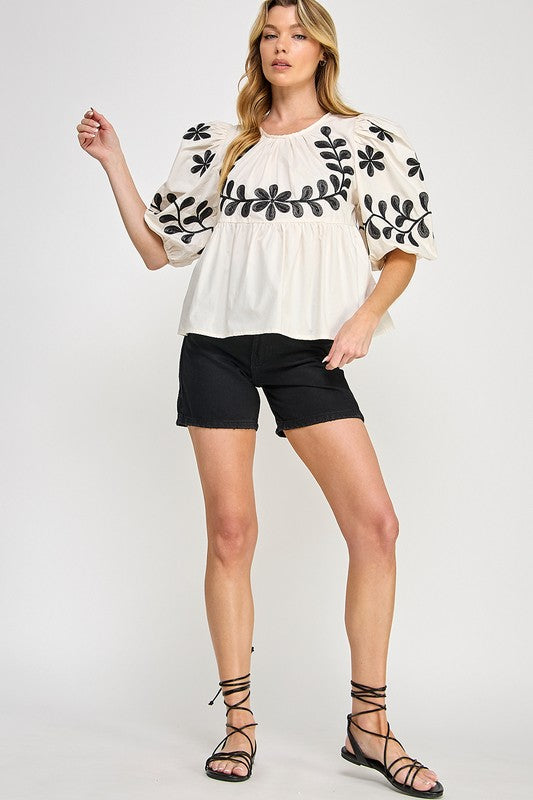 SAGE+FIG Puff-Sleeve Embroidered Peplum Blouse.