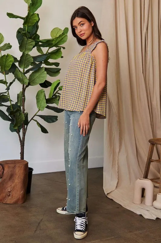 Davi & Dani Printed Square Neck Shirred Straps Top.