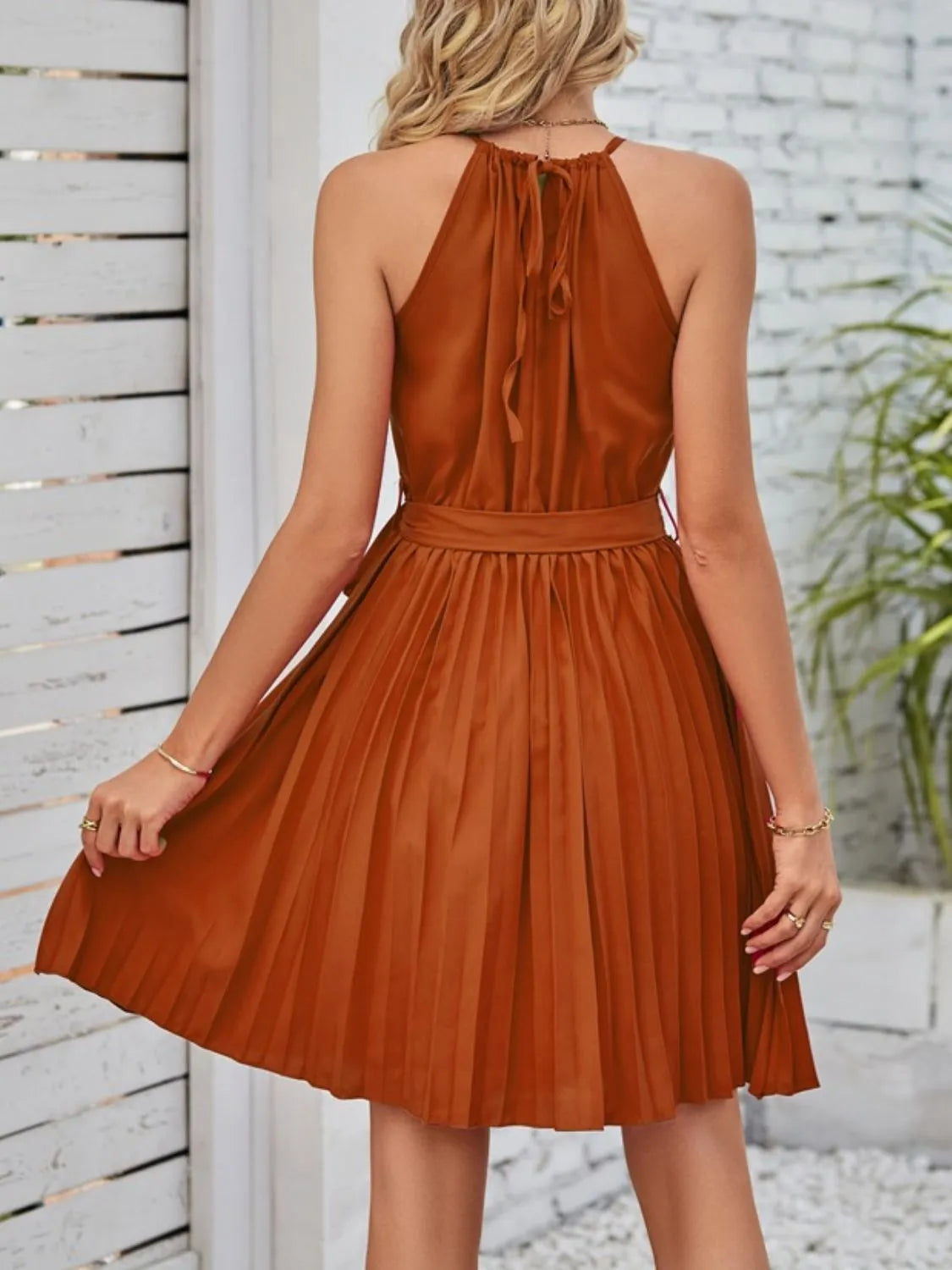 Pleated Tie Waist Sleeveless Mini Dress.