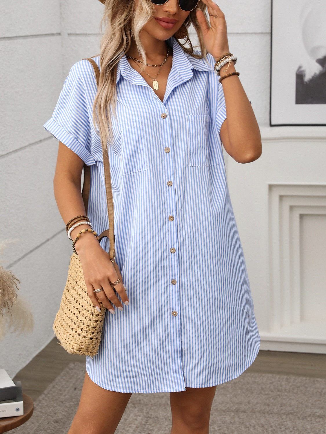 Nautical Chic Striped Button Down Short Sleeve Mini Dress - Summer Essential.