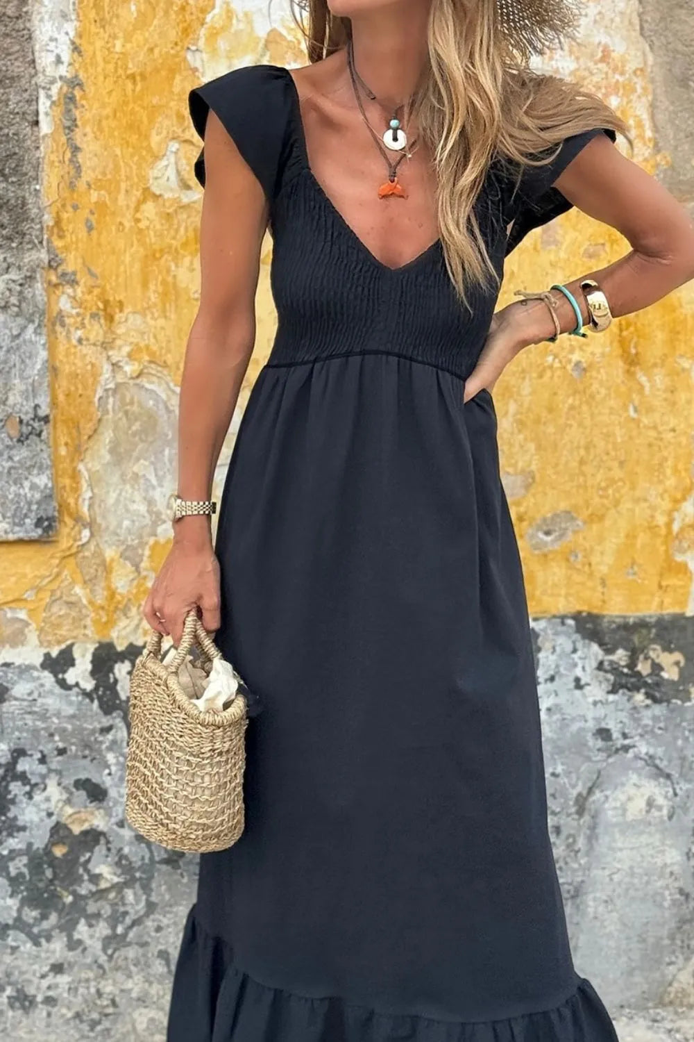 Ruffled Cap Sleeve, V-Neck Smocked Maxi Dress.