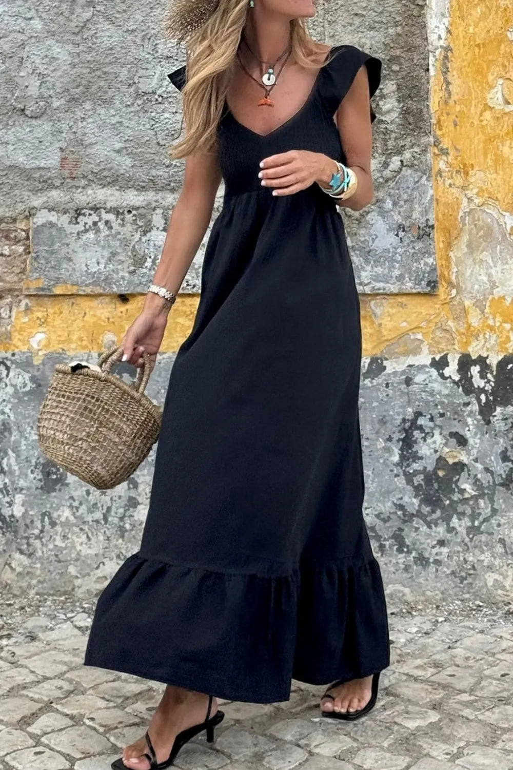Ruffled Cap Sleeve, V-Neck Smocked Maxi Dress.
