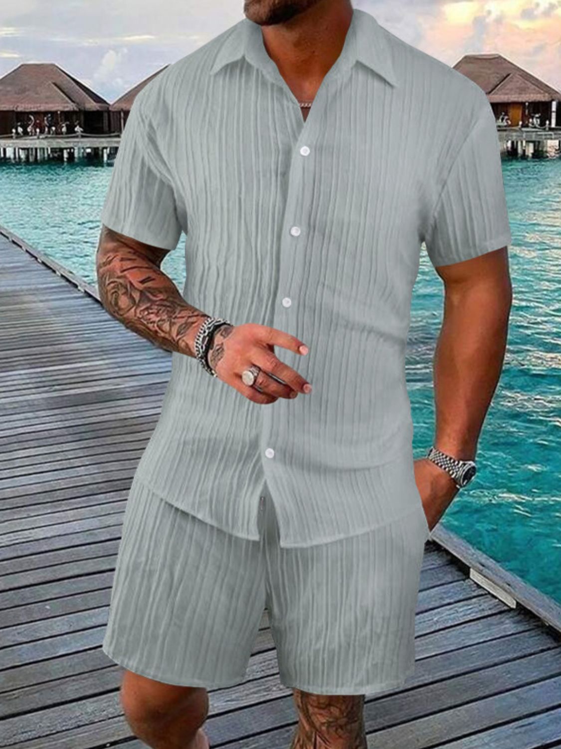 Men's Stylish Button Down Shirt & Shorts Set - Plus Size.