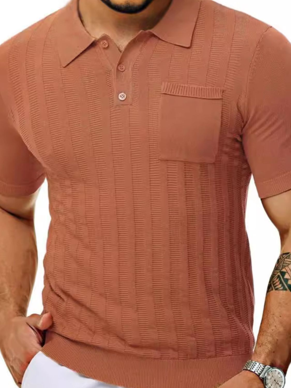 Men's Full Size Textured Short Sleeve Polo Plus Size.