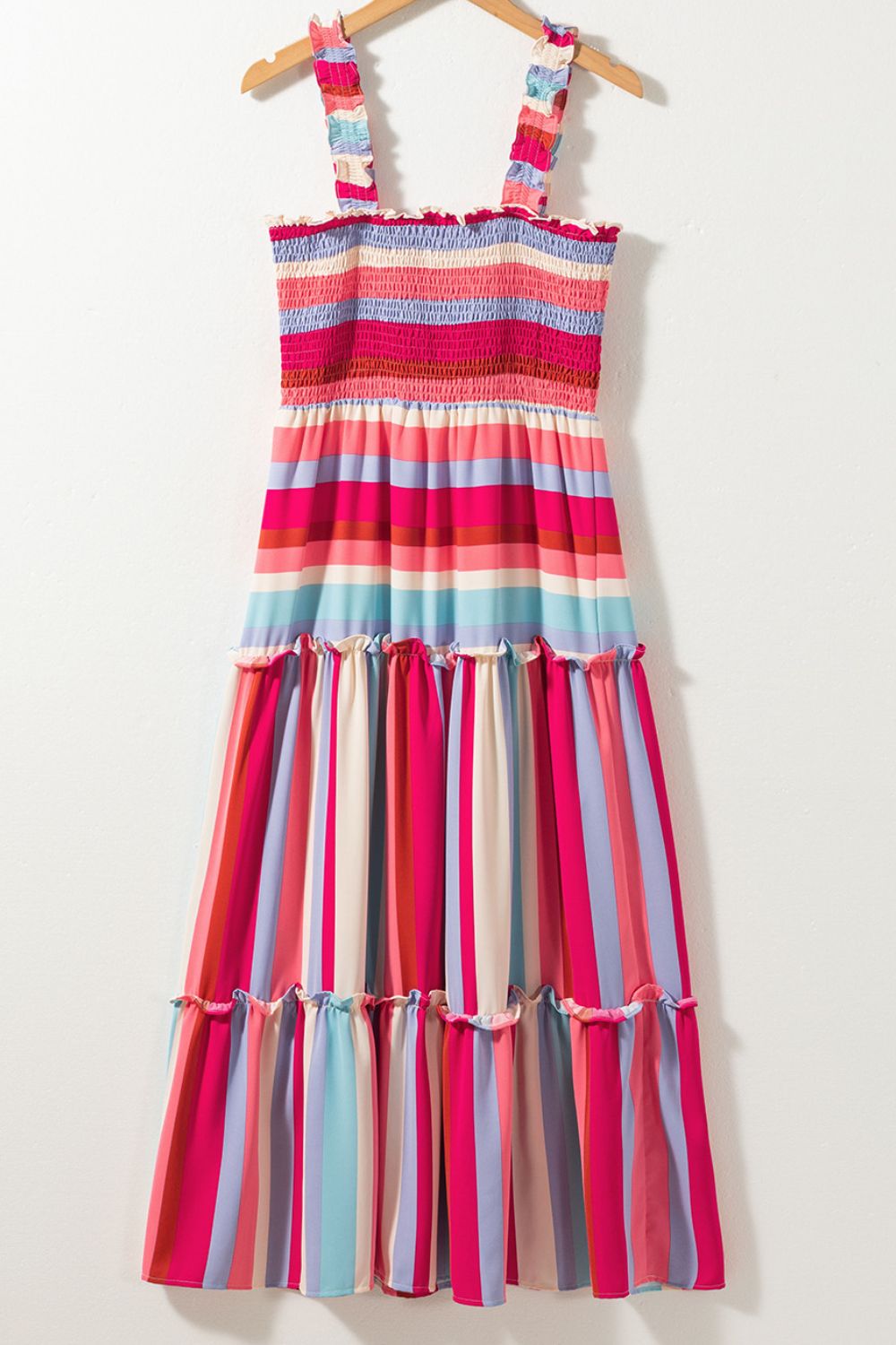 Contrast Stripe Wide Strap Smocked Tiered Dress.