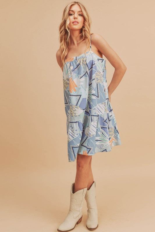 Aemi + Co Printed Ruffled Hem Square Neck Mini Cami Dress.