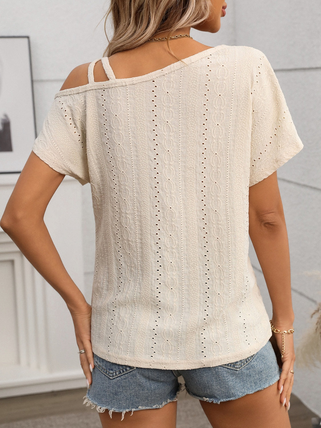 Chic Eyelet Asymmetrical Shoulder Short Sleeve T-Shirt - Unique Fashion Statement.