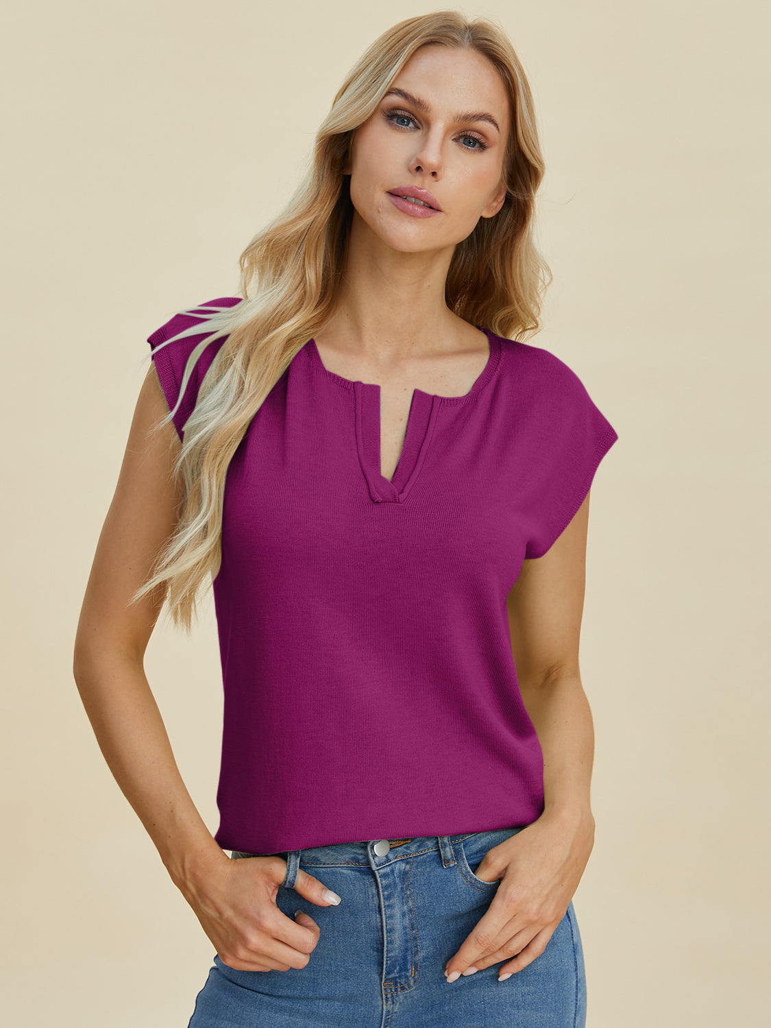 Double Take Full Size Notched Cap Sleeve Knit Top.