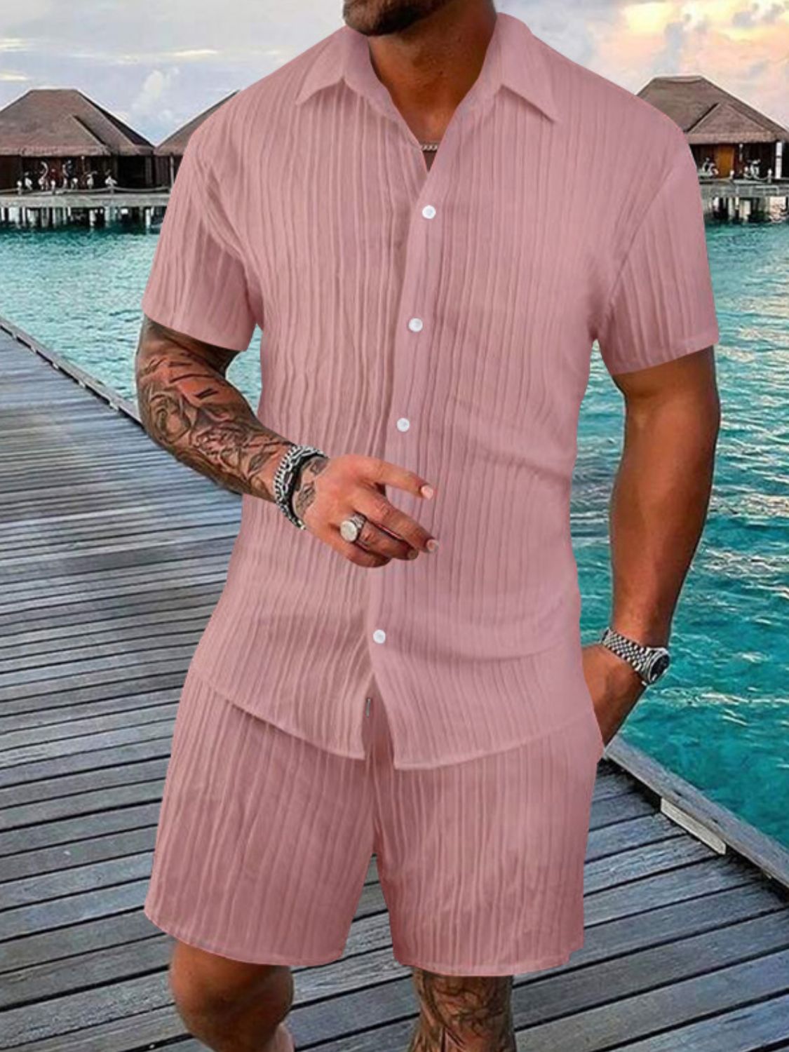 Men's Stylish Button Down Shirt & Shorts Set - Plus Size.