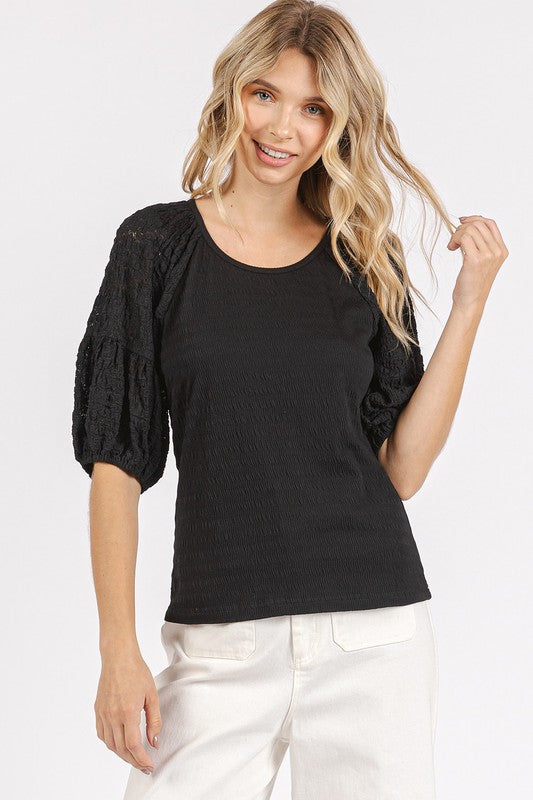 Mittoshop Mixed Media Textured Knit Popcorn Puff Sleeve Blouse.