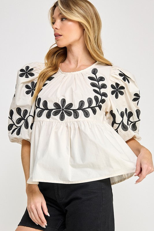 SAGE+FIG Puff-Sleeve Embroidered Peplum Blouse.