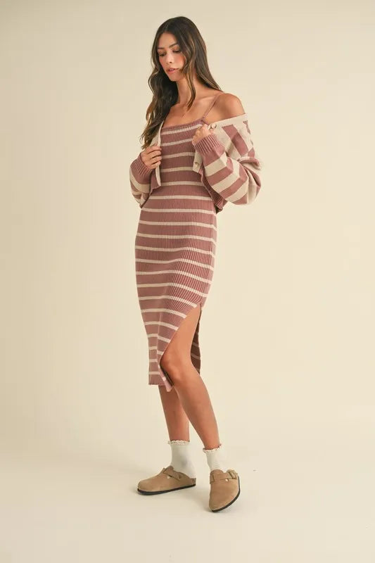 MABLE Stripe Crop Cardigan and Bodycon Dress Sweater Set.
