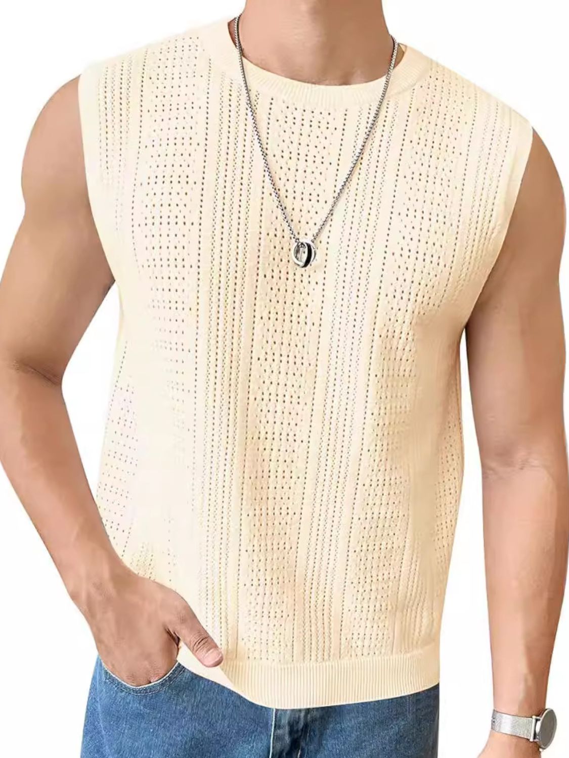 Men's Full Size Eyelet Round Neck Tank Top - Plus Size.