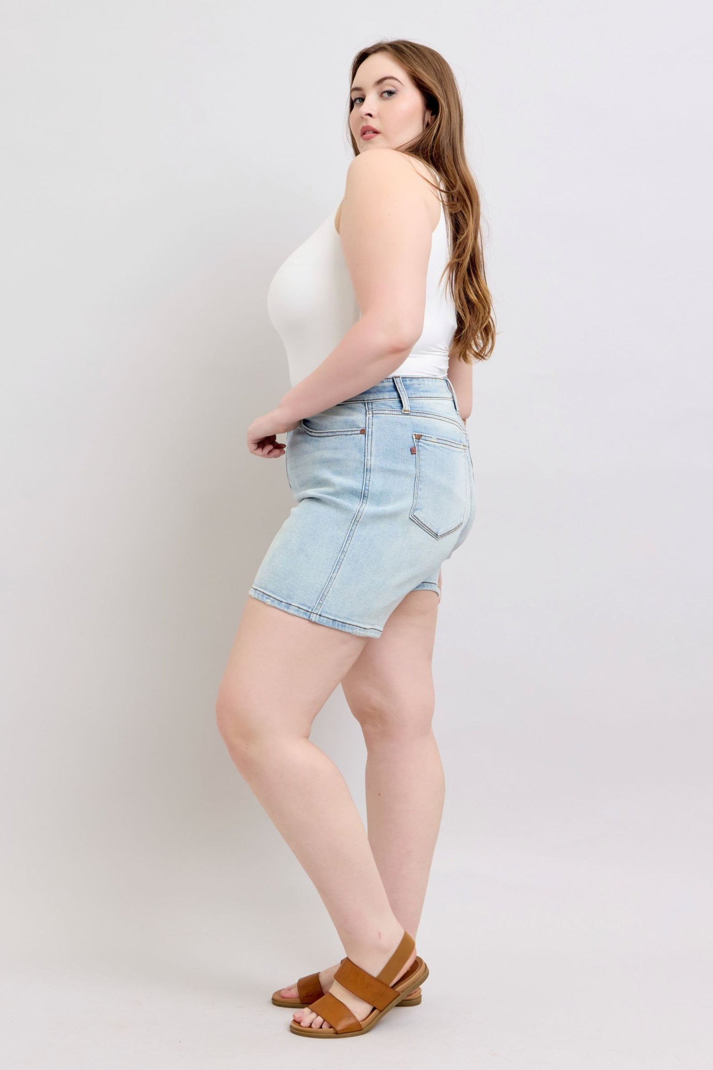 Judy Blue Full Size 2 Button Denim Shorts with Pockets Plus Size.