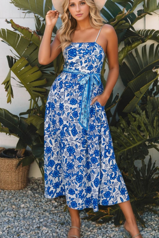 Floral Printed Spaghetti Strap Maxi Dress with Waist Tie.
