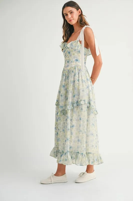 MABLE Floral Printed Shoulder Strap Midi Dress.