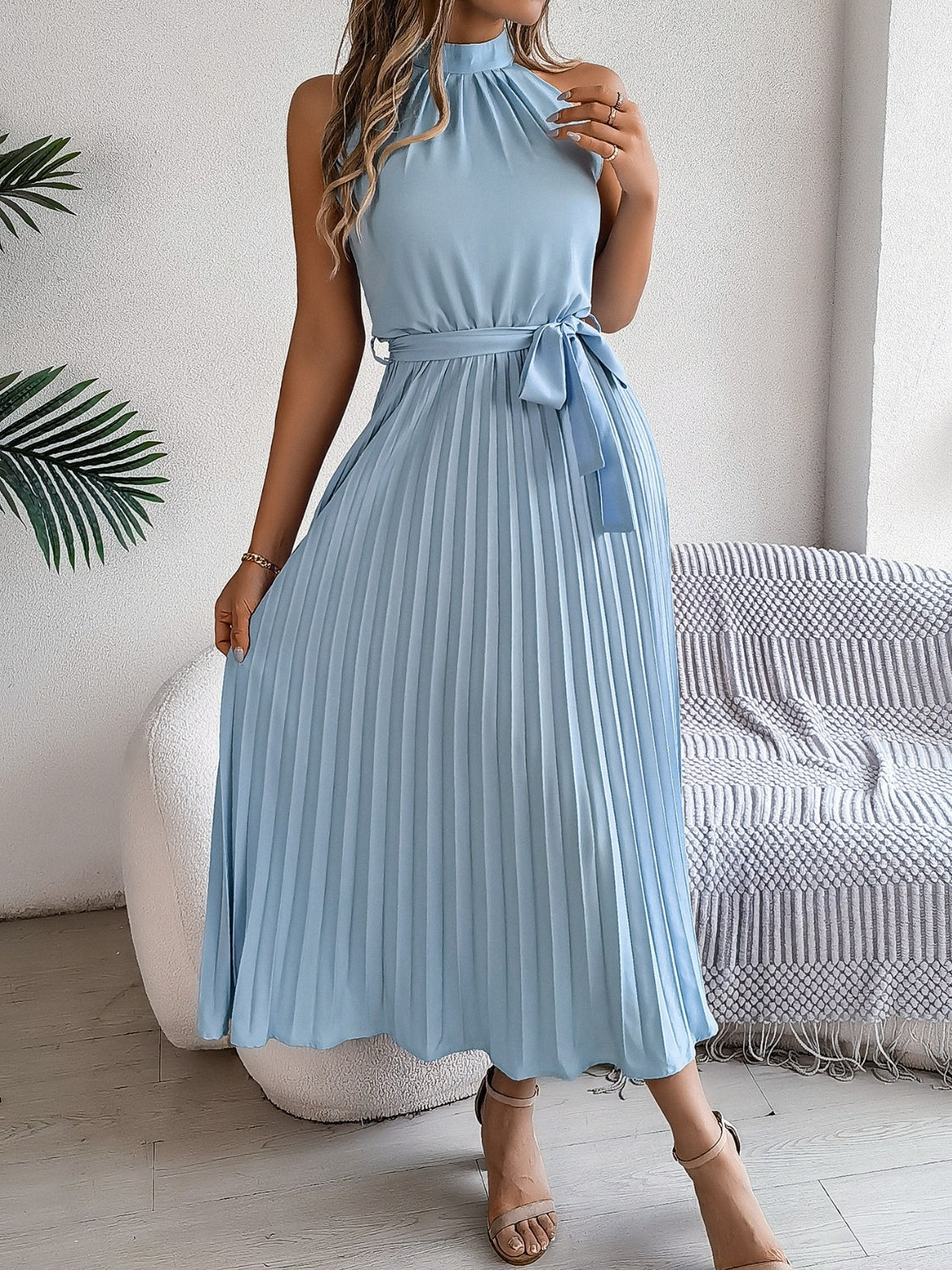 Grecian Neck, Tie Waist, Pleated Dress.