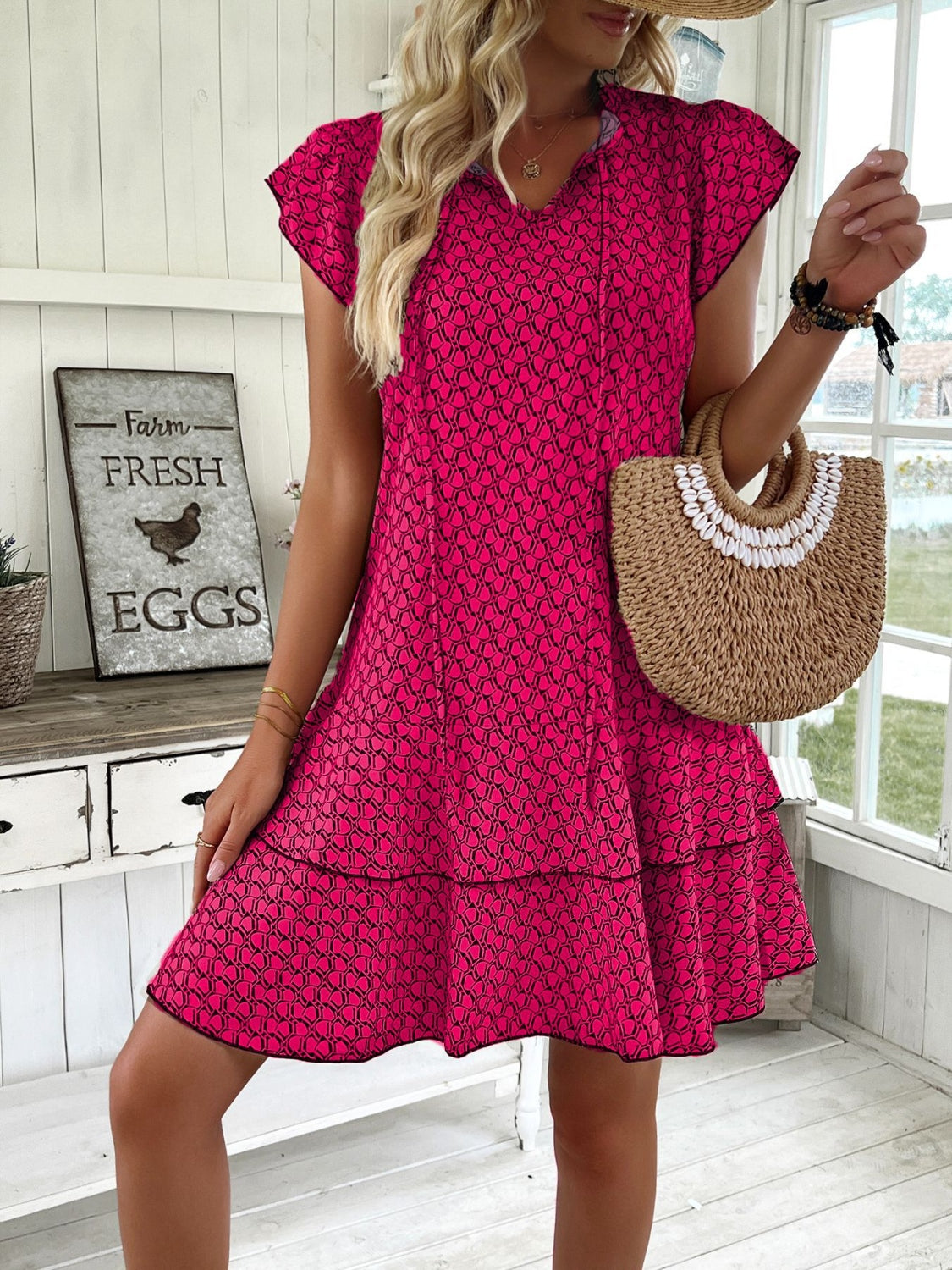 Elegant Ruffled Layered Printed Mini Dress - Full Size Range.