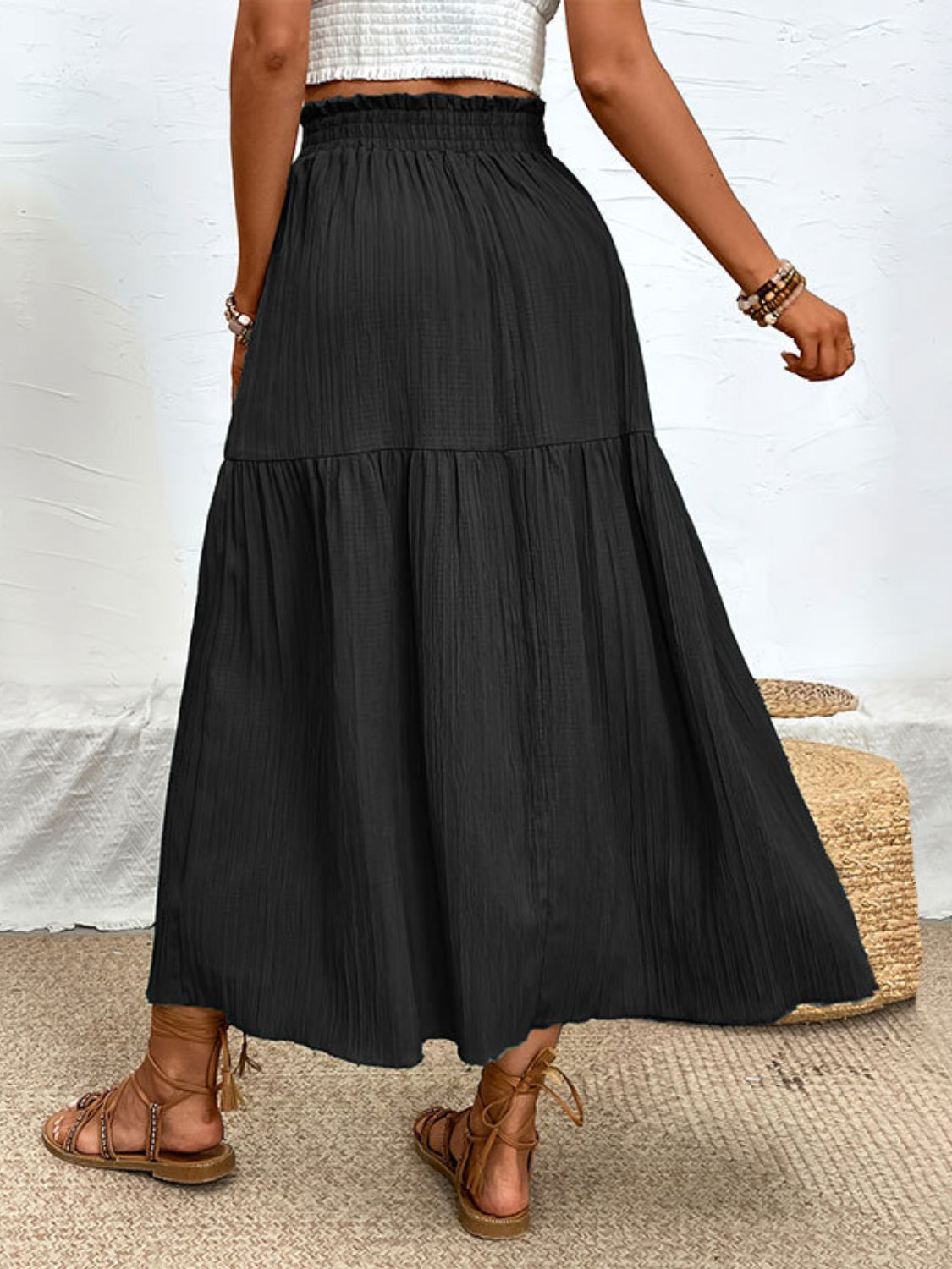 Elegant Frill Detail Midi Skirt with Side Slit.