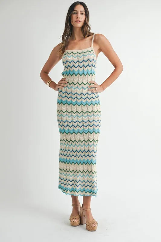 MABLE Lightweight Pointelle Chevron Knit Maxi Dress.