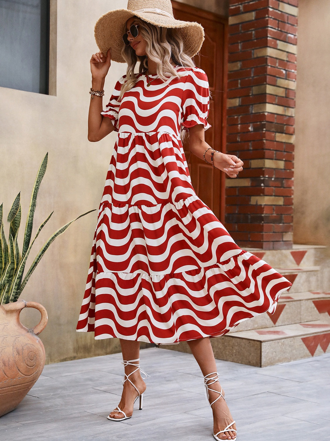 Wavy Striped Round Neck Short Sleeve Dress.