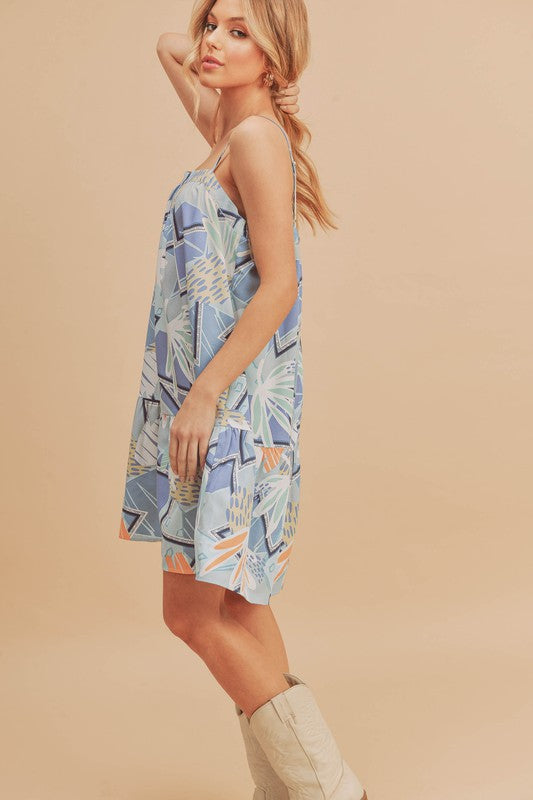 Aemi + Co Printed Ruffled Hem Square Neck Mini Cami Dress.