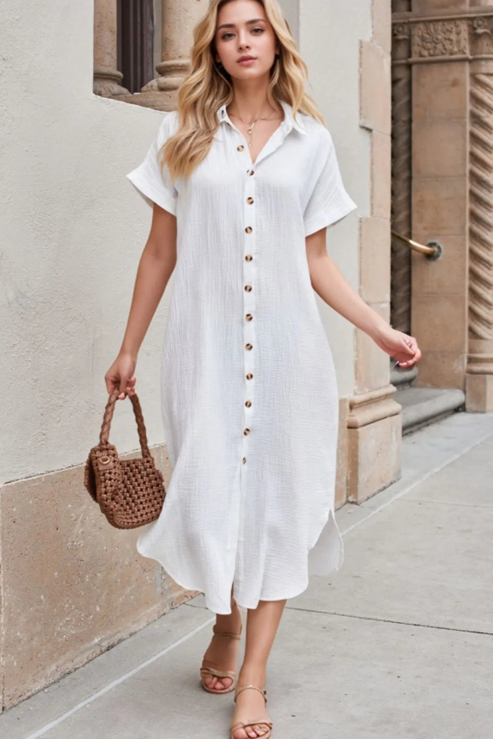 Effortlessly Chic - Button Down Short Sleeve Midi Shirt Dress.