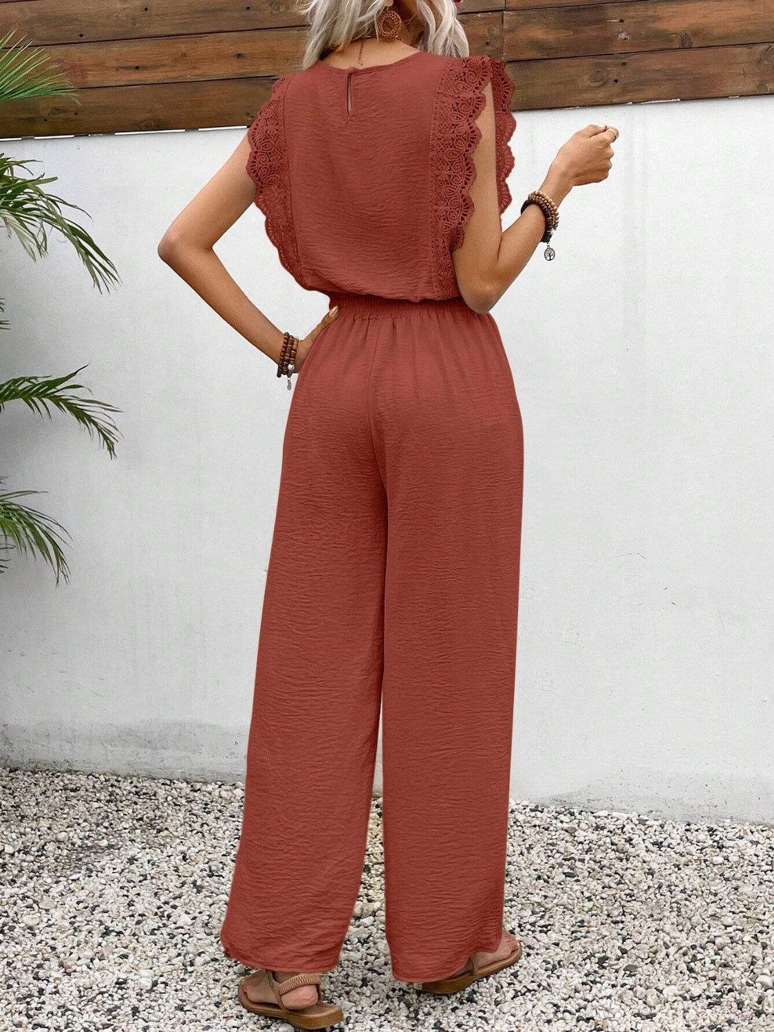 Elegant Lace Trim Round Neck Top and Pants Set - Refined Comfort.